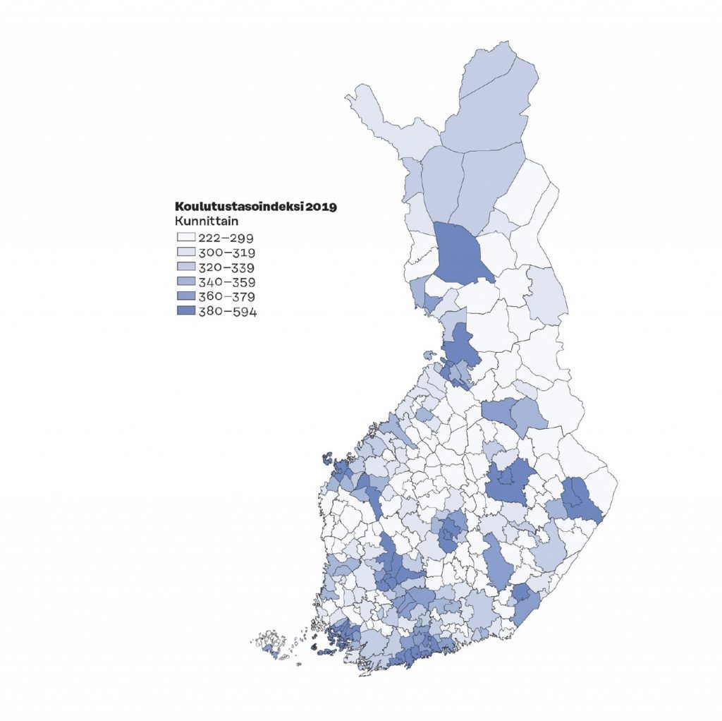 Koulutustasoindeksi kunnittain vuonna 2019.